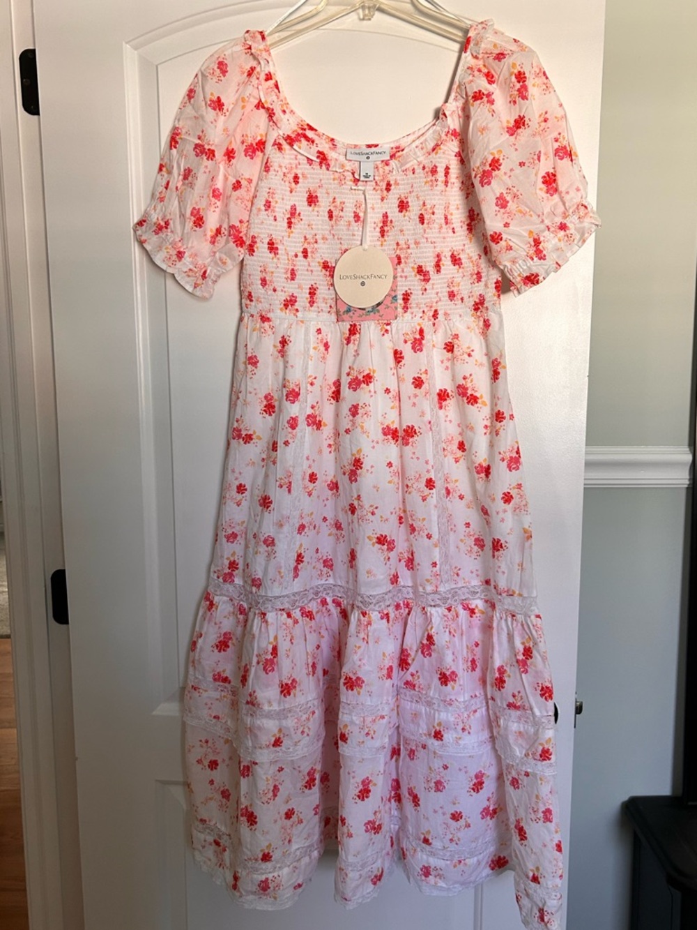 LoveShackFancy White Dress with Pink and Red Floral Print